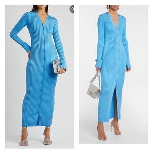 NWT GALVAN LONDON Rhea Long Dress Ribbed Knit Button Front Maxi Blue Medium